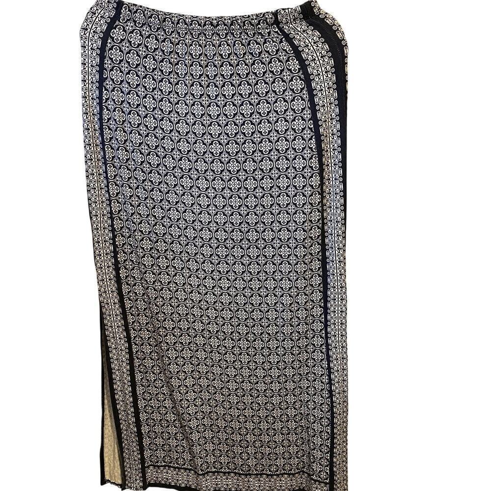 Max Studio Maxi Skirt Sz S Geometric White Navy Blue Split Side Pull Up Preppy
